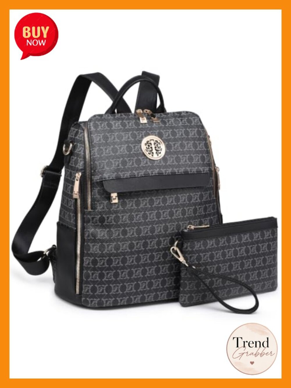 Women's Convertible Faux Leather Backpack Purse 2PC Set with Wristlet